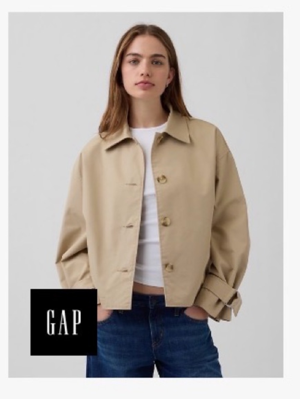 Oversized Crop Trench Jacket with Gingham Plaid Interior - Khaki Tan